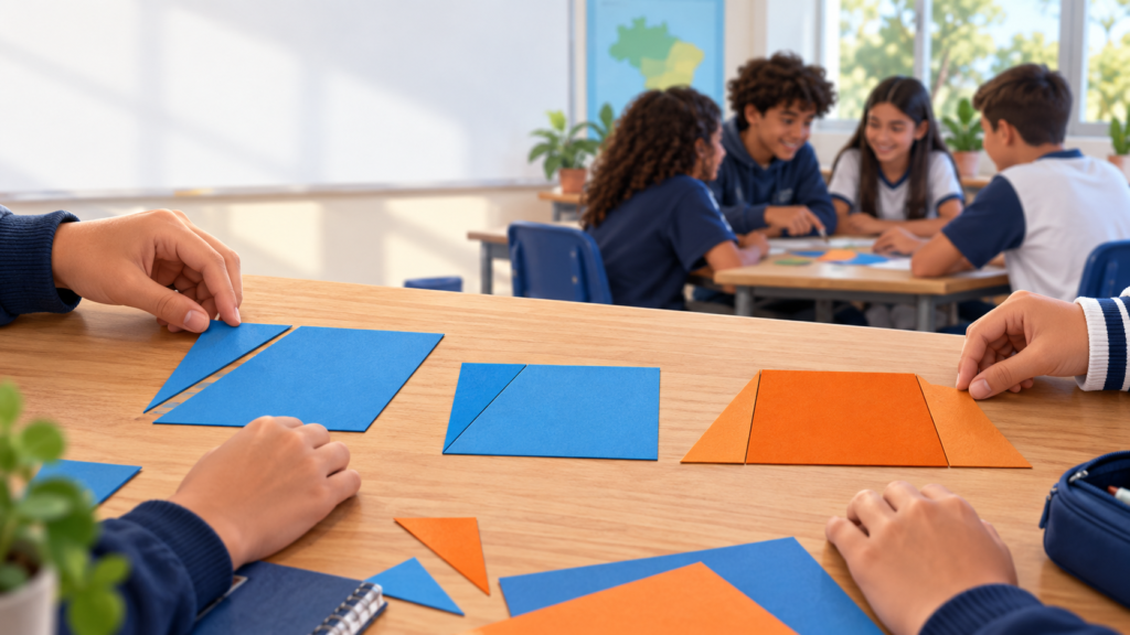 Alunos manipulam recortes de paralelogramos e trapézios em uma atividade de área