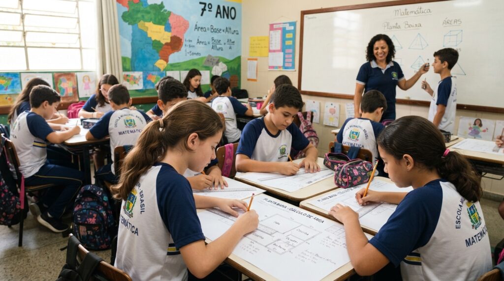 Alunos do 7º ano calculando área de uma planta baixa em sala de aula