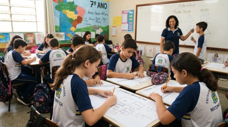 Alunos do 7º ano calculando área de uma planta baixa em sala de aula