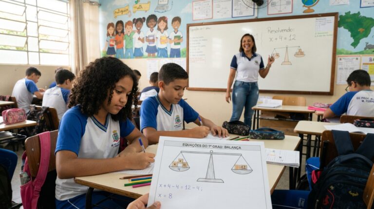 Alunos do 7º ano resolvendo equação do 1º grau com atividade da balança de dois pratos