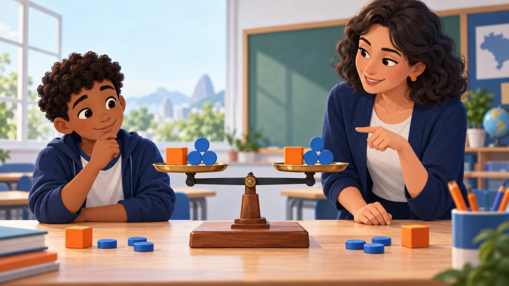 Professora e aluno usam uma balança de dois pratos para explorar equações do primeiro grau