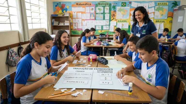 Alunos do 7º ano traduzindo frases para expressões algébricas em sala de aula
