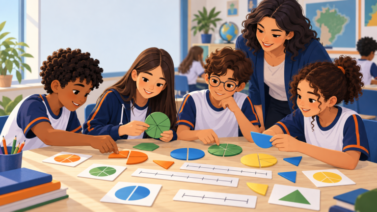 Alunos manipulam peças circulares e cartões para explorar representações de números racionais