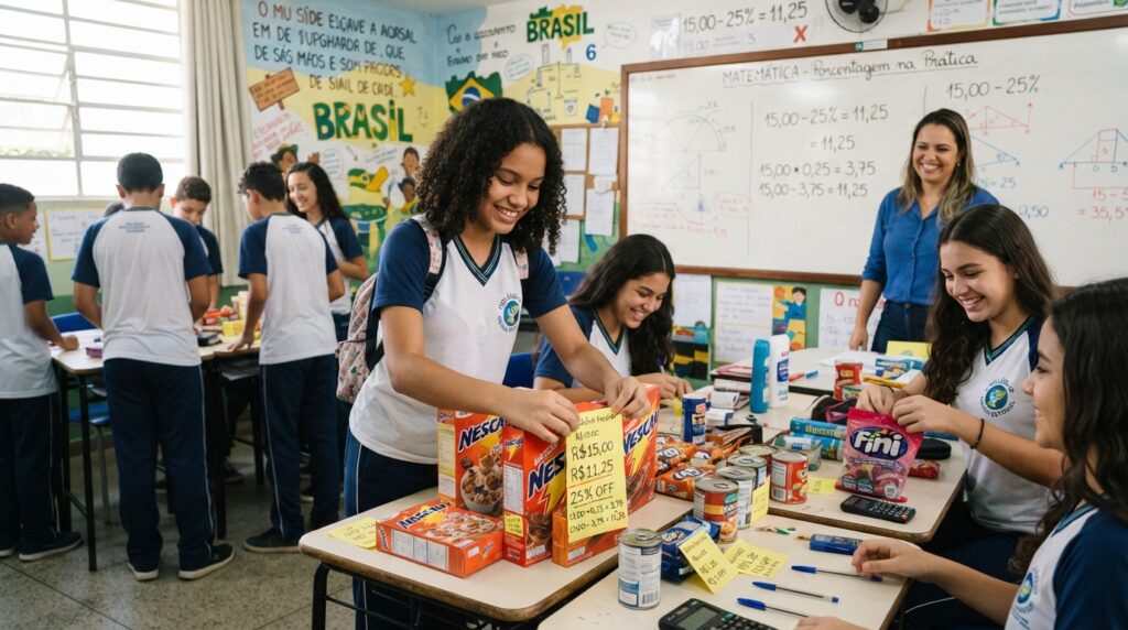 Alunos do 6º ano atualizando etiquetas de preço em atividade de porcentagem