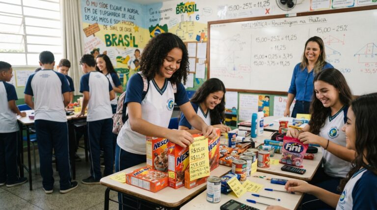 Alunos do 6º ano atualizando etiquetas de preço em atividade de porcentagem