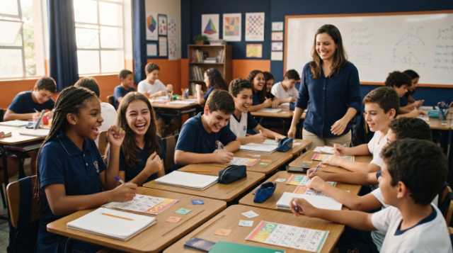 Alunos do 6º ano jogando bingo de potenciação em sala de aula